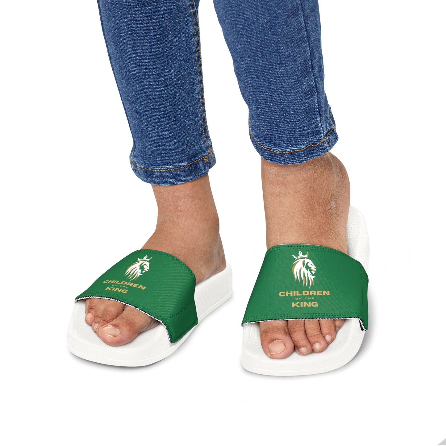 "Children of the King" WHITE Lion - DARK GREEN Youth Slide Sandals