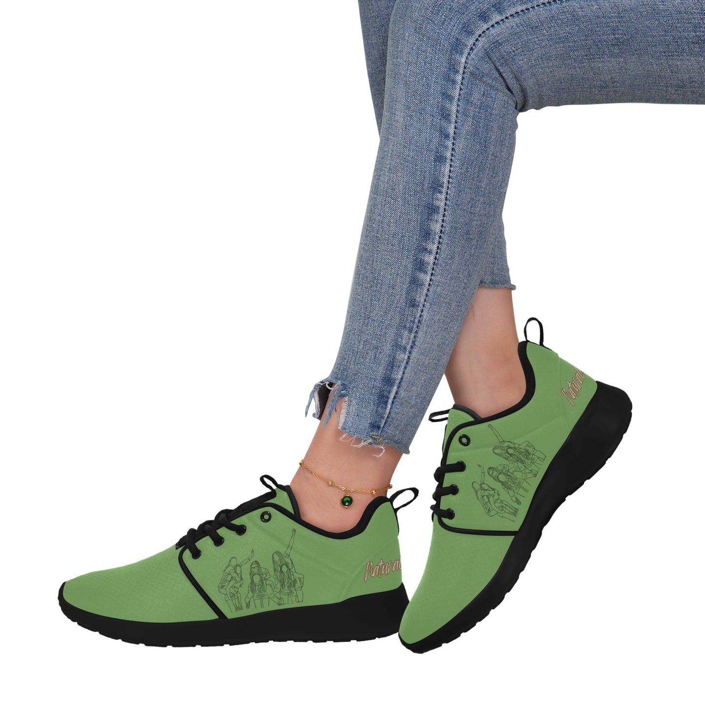 Natural Woman PIGGY BACK (BL) GREEN w/ Black Sole Sneakers