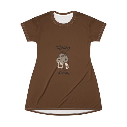 Strong Momma T-Shirt Dress (AOP/BL) Brown