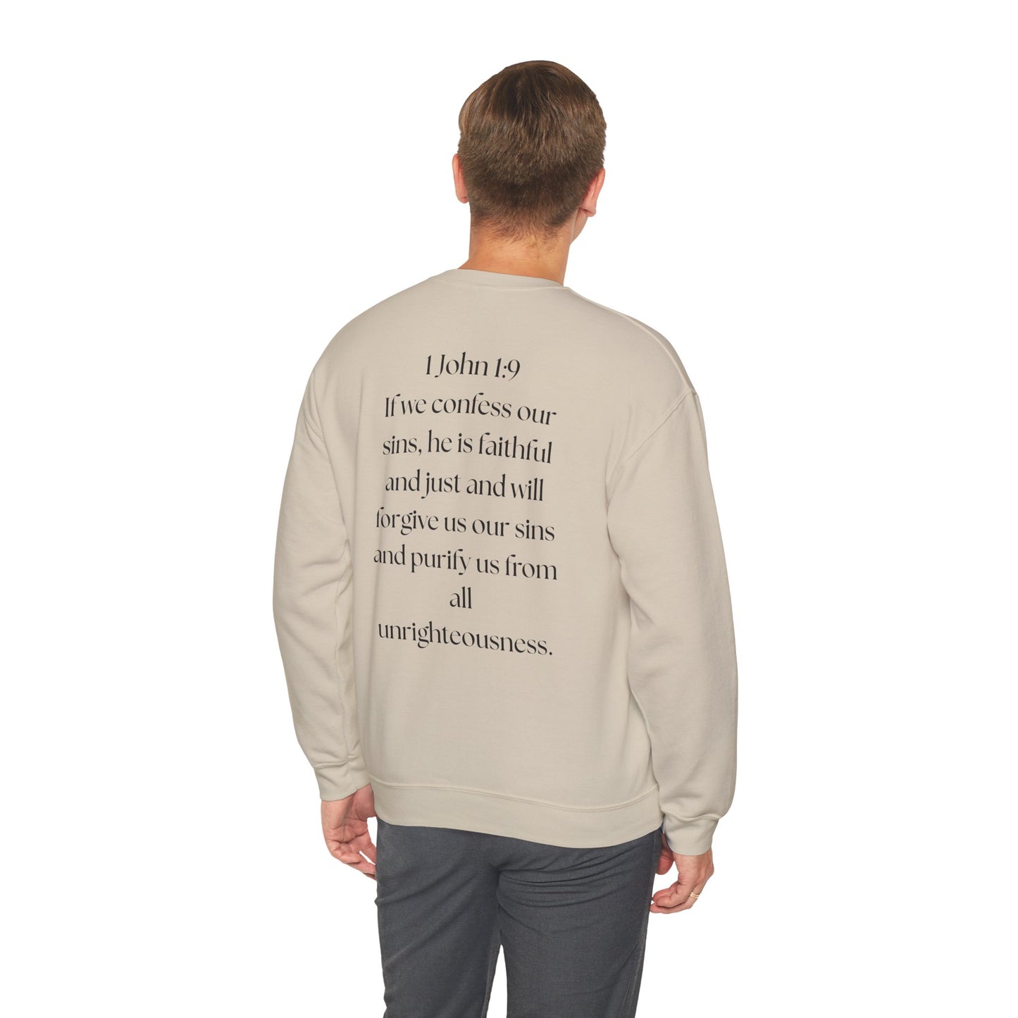 "GOD DID" (BL) Crewneck Sweatshirt w/ Scripture Design (1 John 1:9)