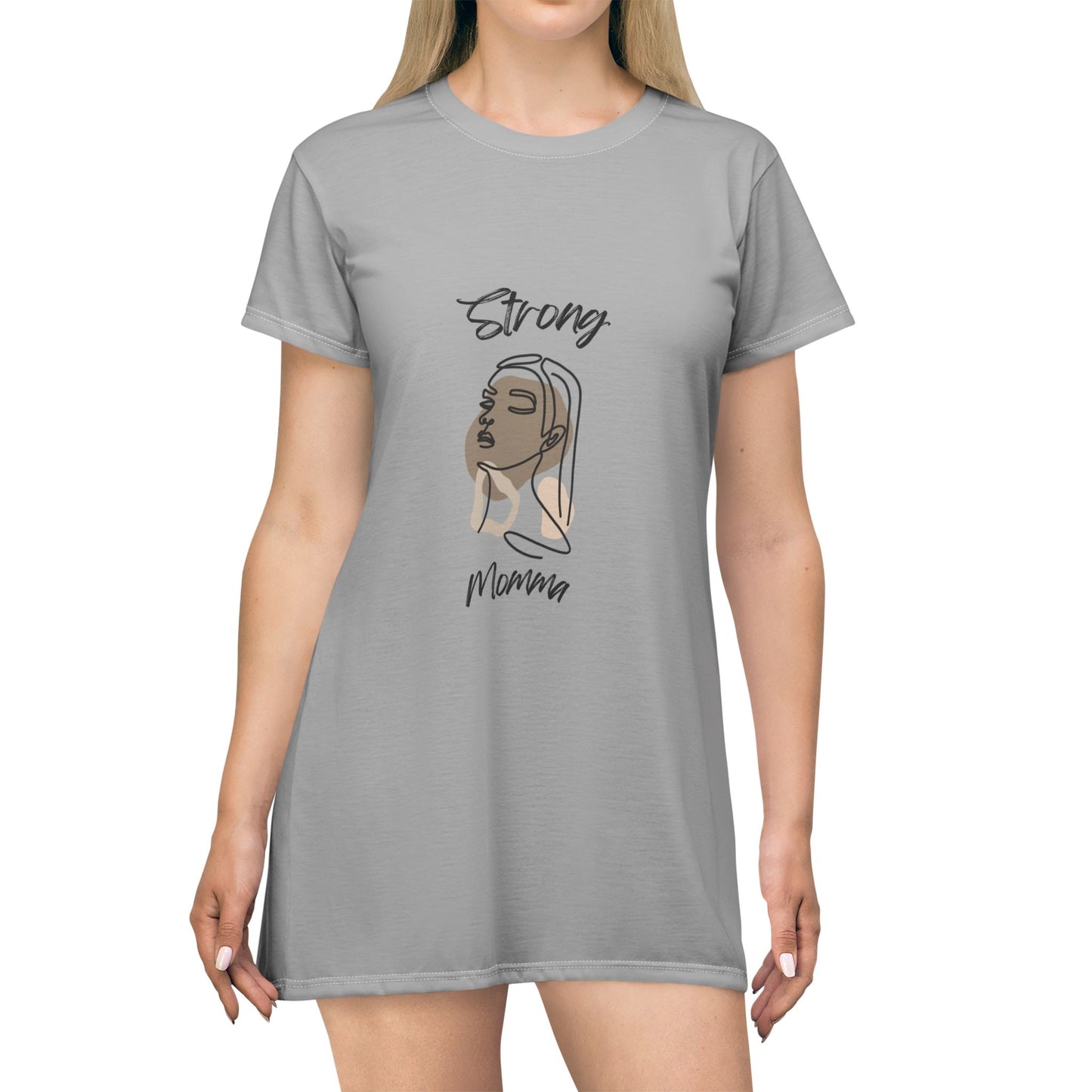 Strong Momma T-Shirt Dress (AOP/BL) Grey