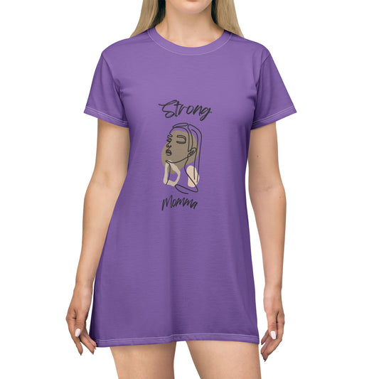 Strong Momma T-Shirt Dress (AOP/BL) Light Purple