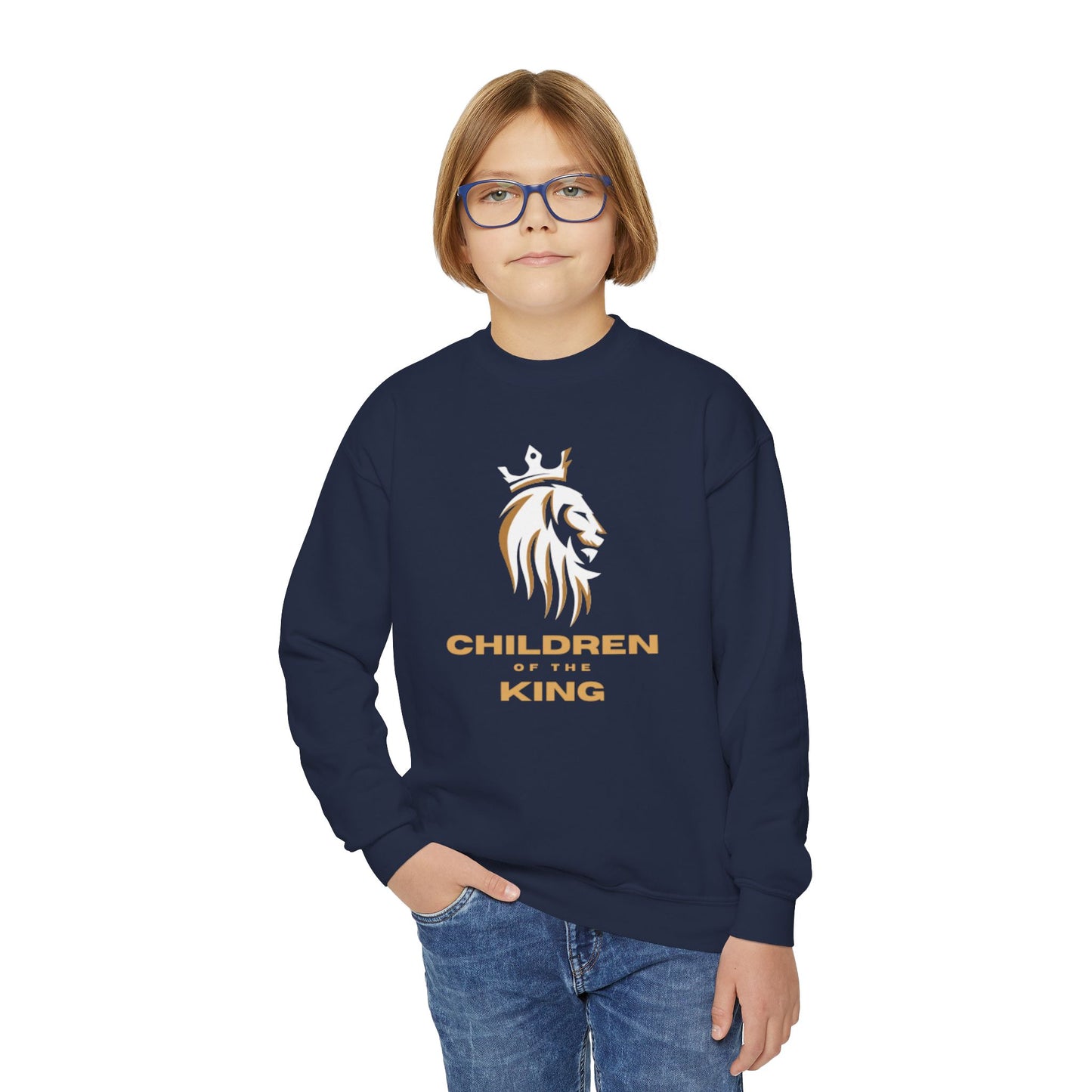 "Children of the King" Youth Crewneck Sweatshirt WHITE Lion Design with Psalm 127:3