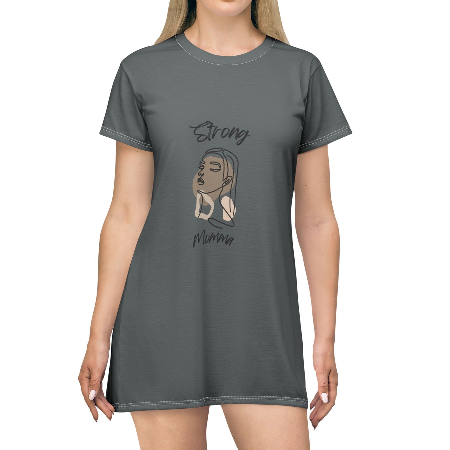 Strong Momma T-Shirt Dress (AOP/BL) Dark Grey