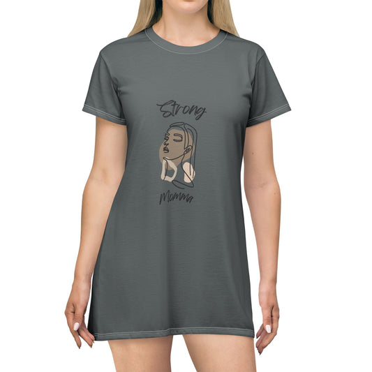 Strong Momma T-Shirt Dress (AOP/BL) Dark Grey