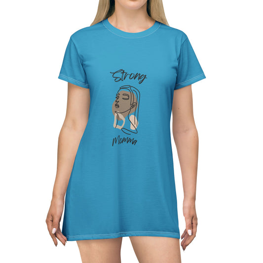 Strong Momma T-Shirt Dress (AOP/BL) Turquoise