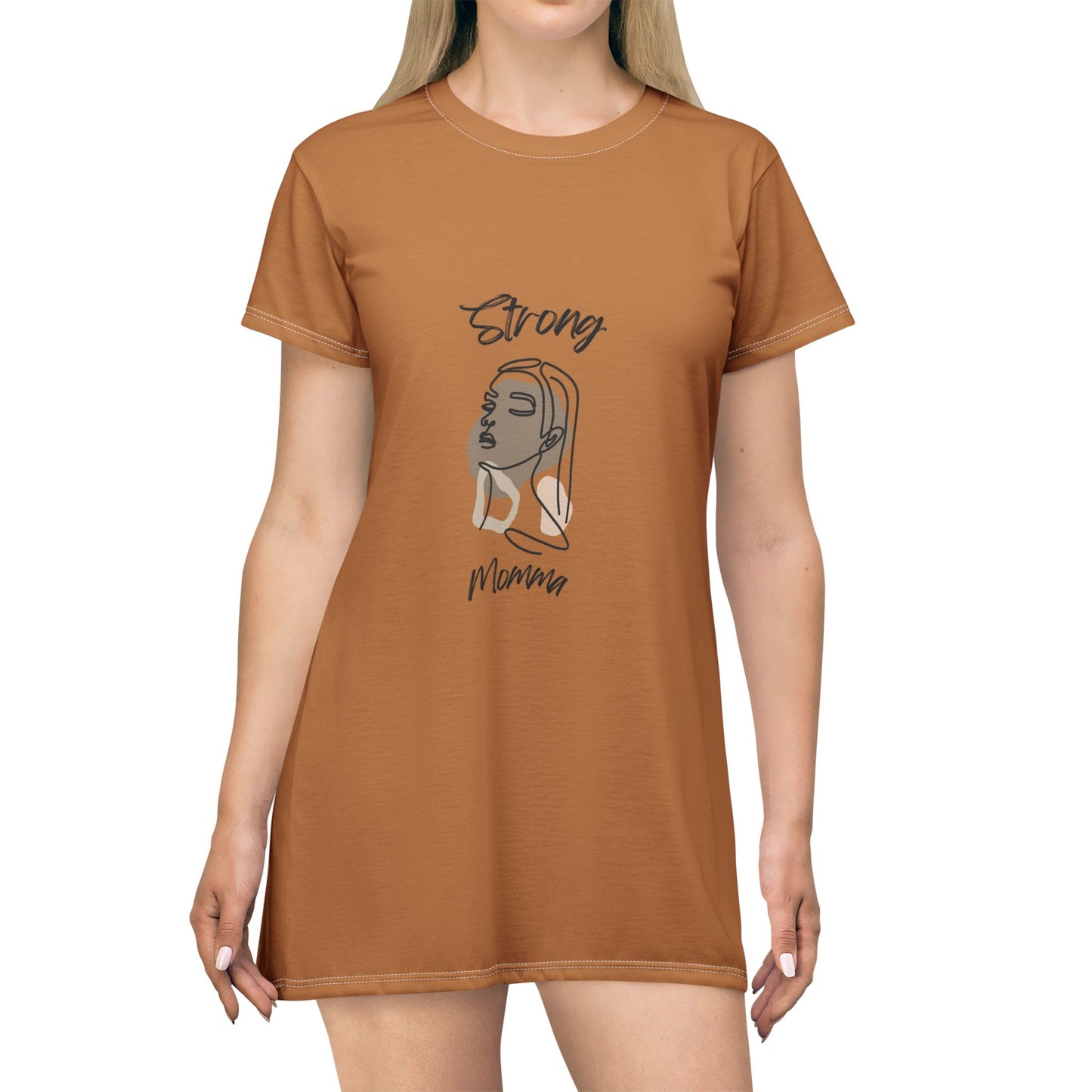 Strong Momma T-Shirt Dress (AOP/BL) Light Brown