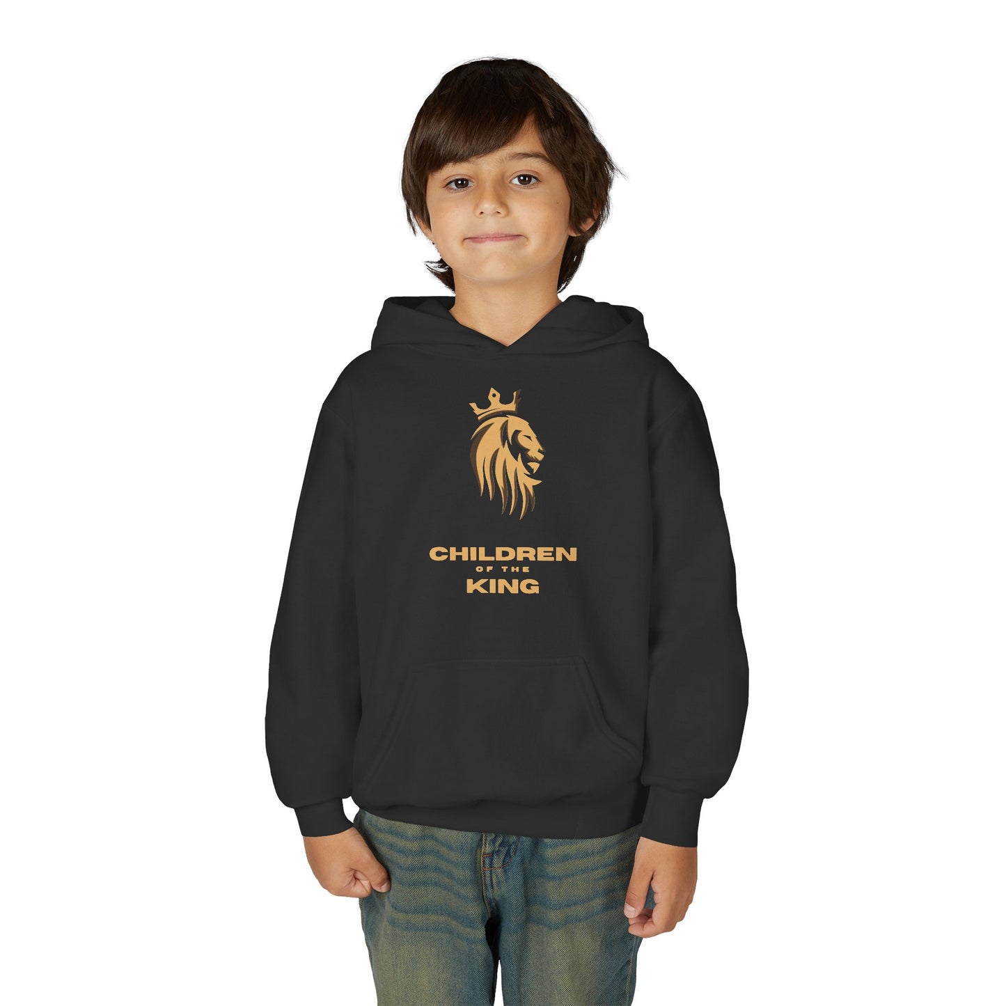 "Children of the King" Youth Hoodie — GOLD Lion Crown Design with Isaiah 54:13