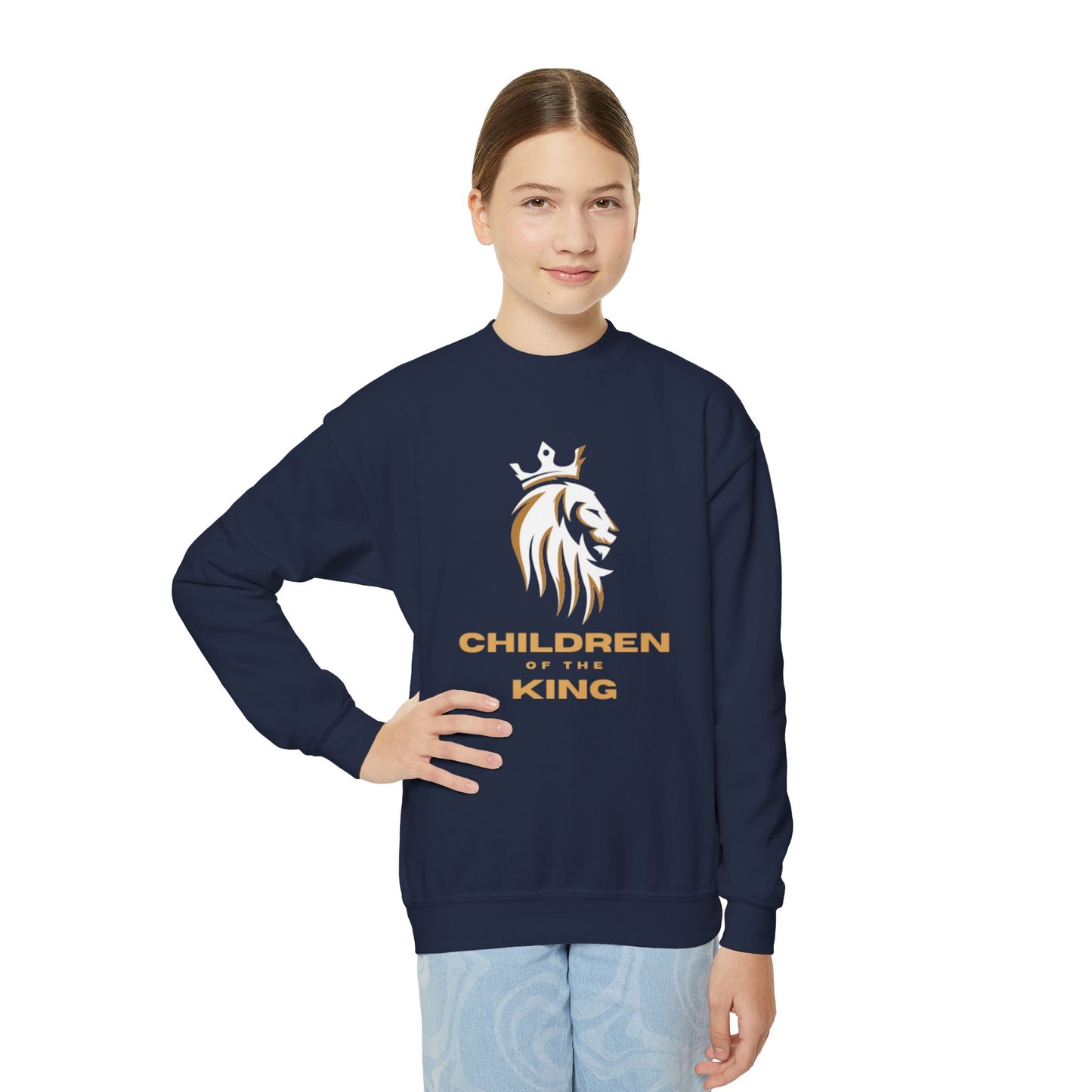 "Children of the King" Youth Crewneck Sweatshirt WHITE Lion Design with Psalm 127:3