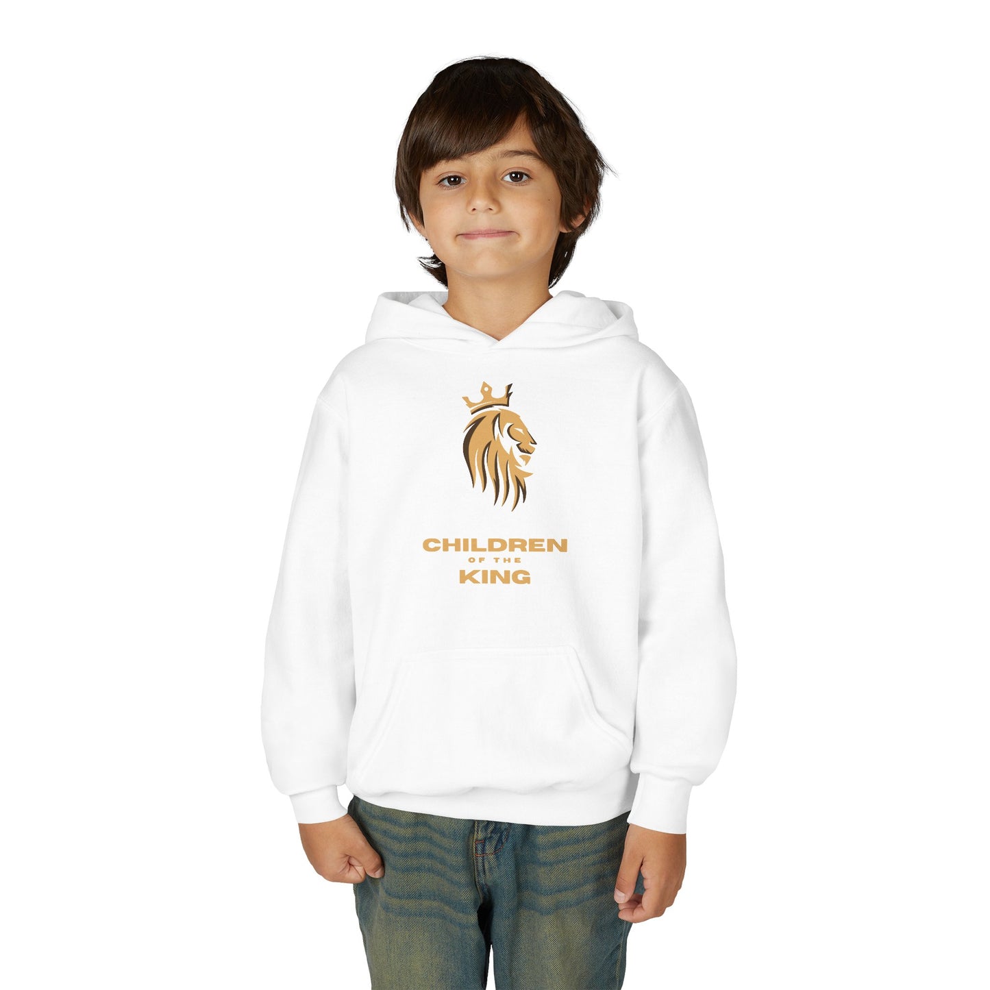 "Children of the King" Youth Hoodie — GOLD Lion Crown Design with Isaiah 54:13
