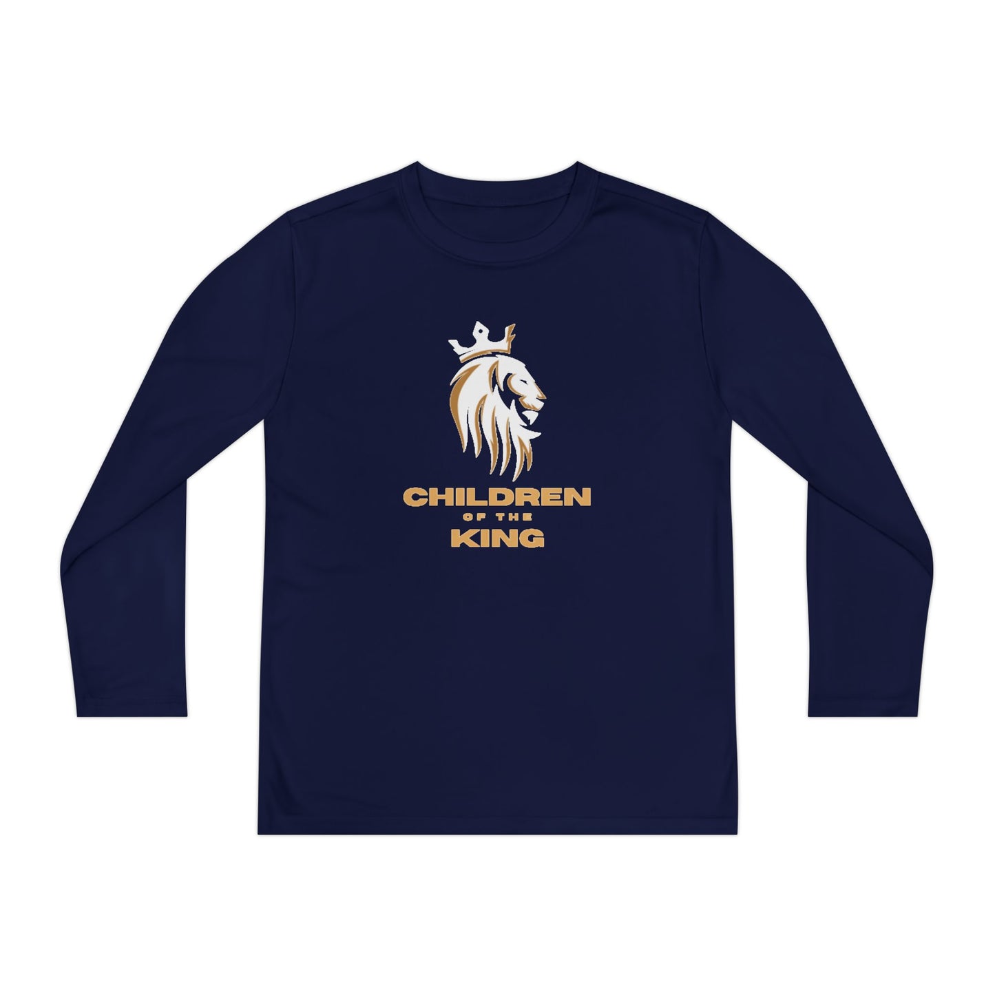 Children Of The King Youth Long Sleeve Tee — White Lion Crest with Proverbs 22:6