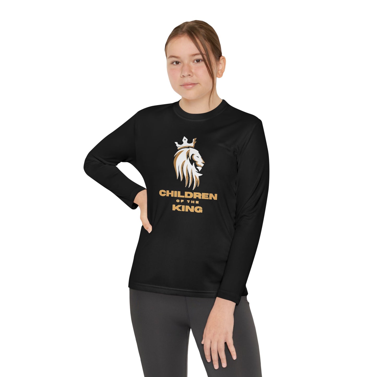 Children Of The King Youth Long Sleeve Tee — White Lion Crest with Proverbs 22:6