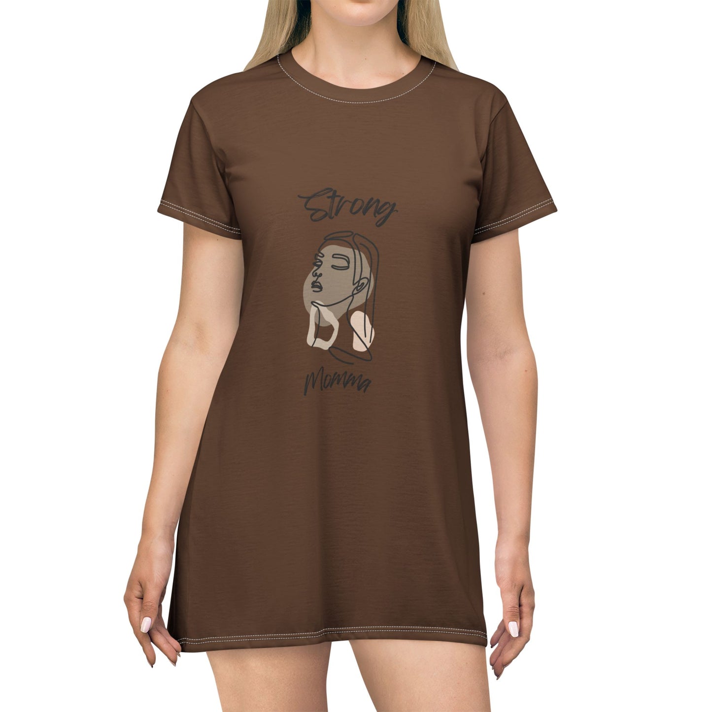 Strong Momma T-Shirt Dress (AOP/BL) Brown