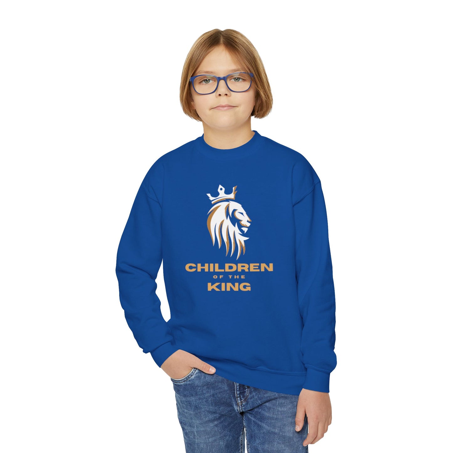 "Children of the King" Youth Crewneck Sweatshirt WHITE Lion Design with Psalm 127:3