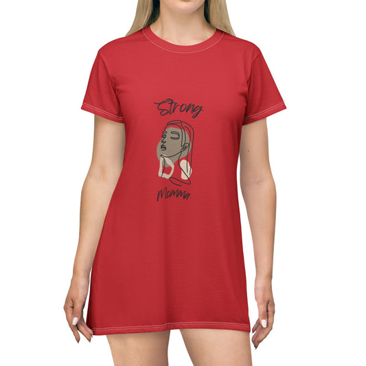 Strong Momma T-Shirt Dress (AOP/BL) Dark Red