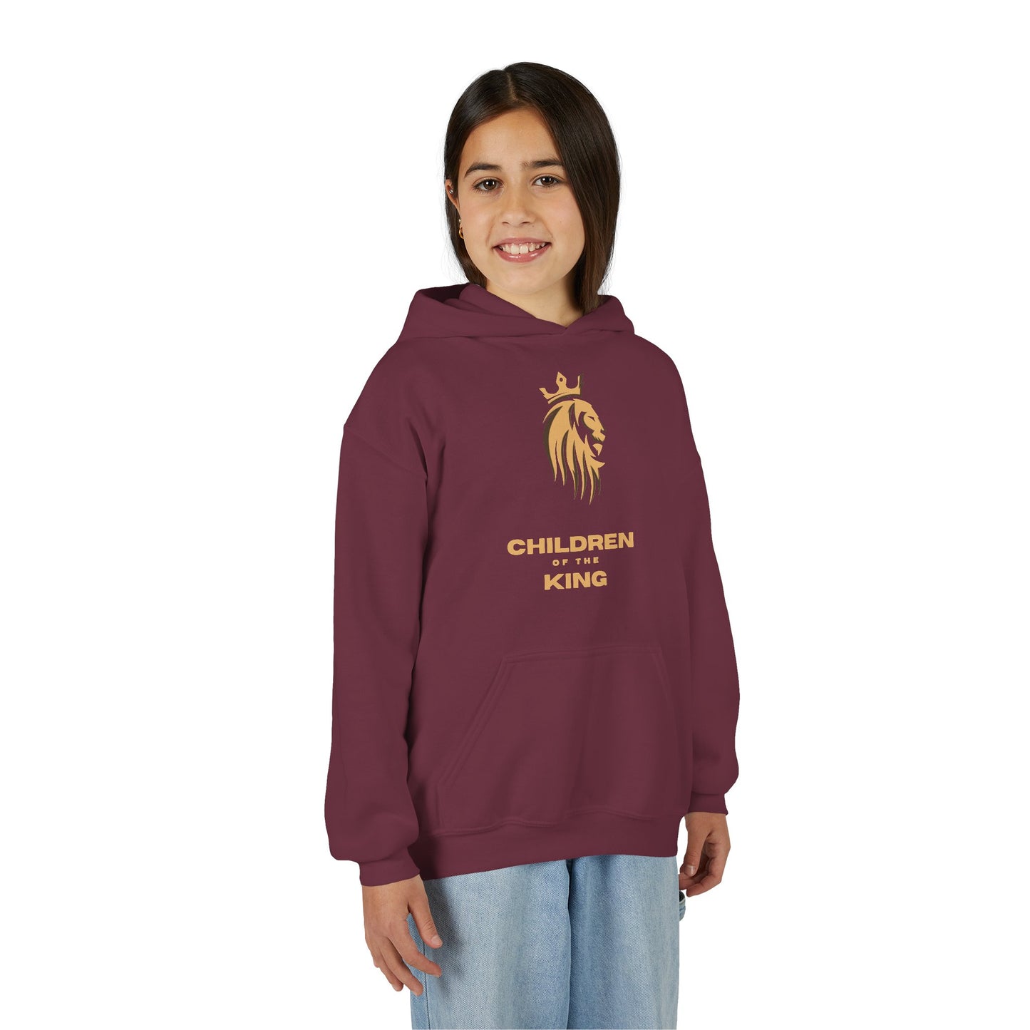 "Children of the King" Youth Hoodie — GOLD Lion Crown Design with Isaiah 54:13