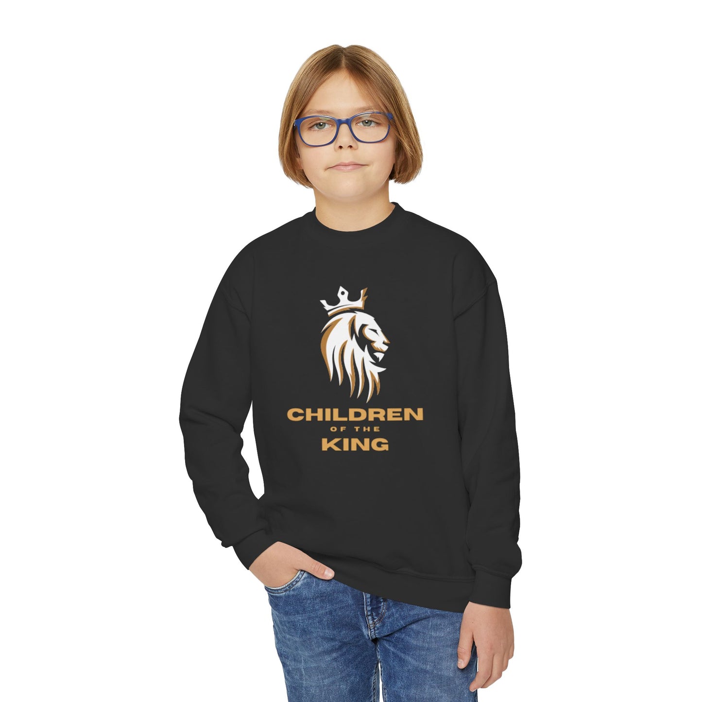 "Children of the King" Youth Crewneck Sweatshirt WHITE Lion Design with Psalm 127:3