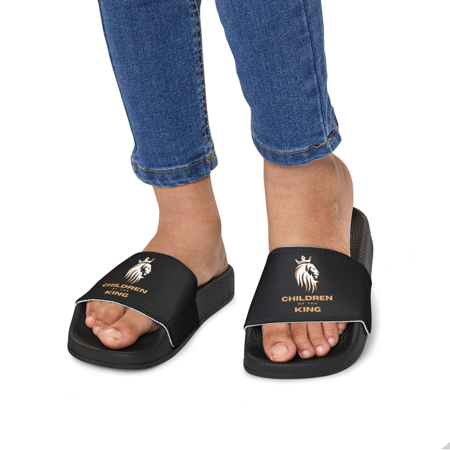 "Children of the King" WHITE Lion - BLACK Youth Slide Sandals