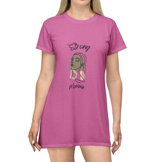 Strong Momma T-Shirt Dress (AOP/BL) Light Pink