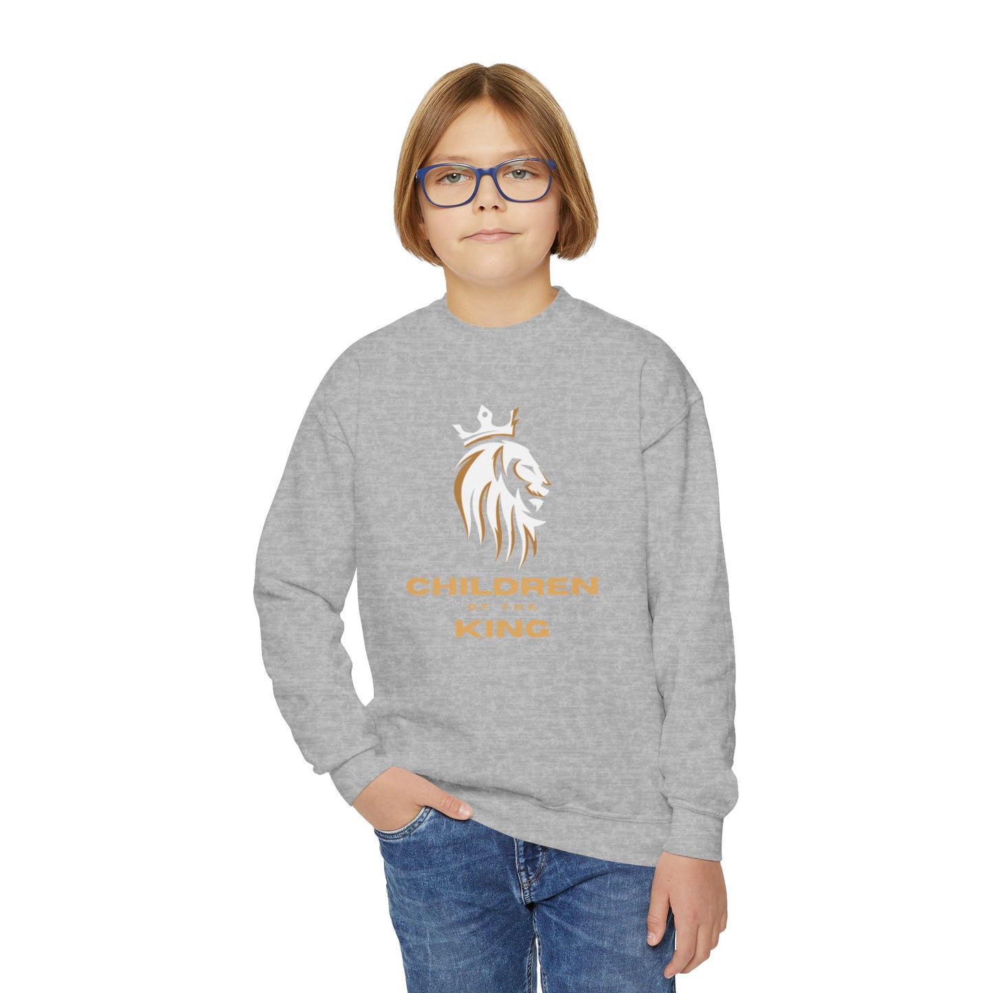 "Children of the King" Youth Crewneck Sweatshirt WHITE Lion Design with Psalm 127:3