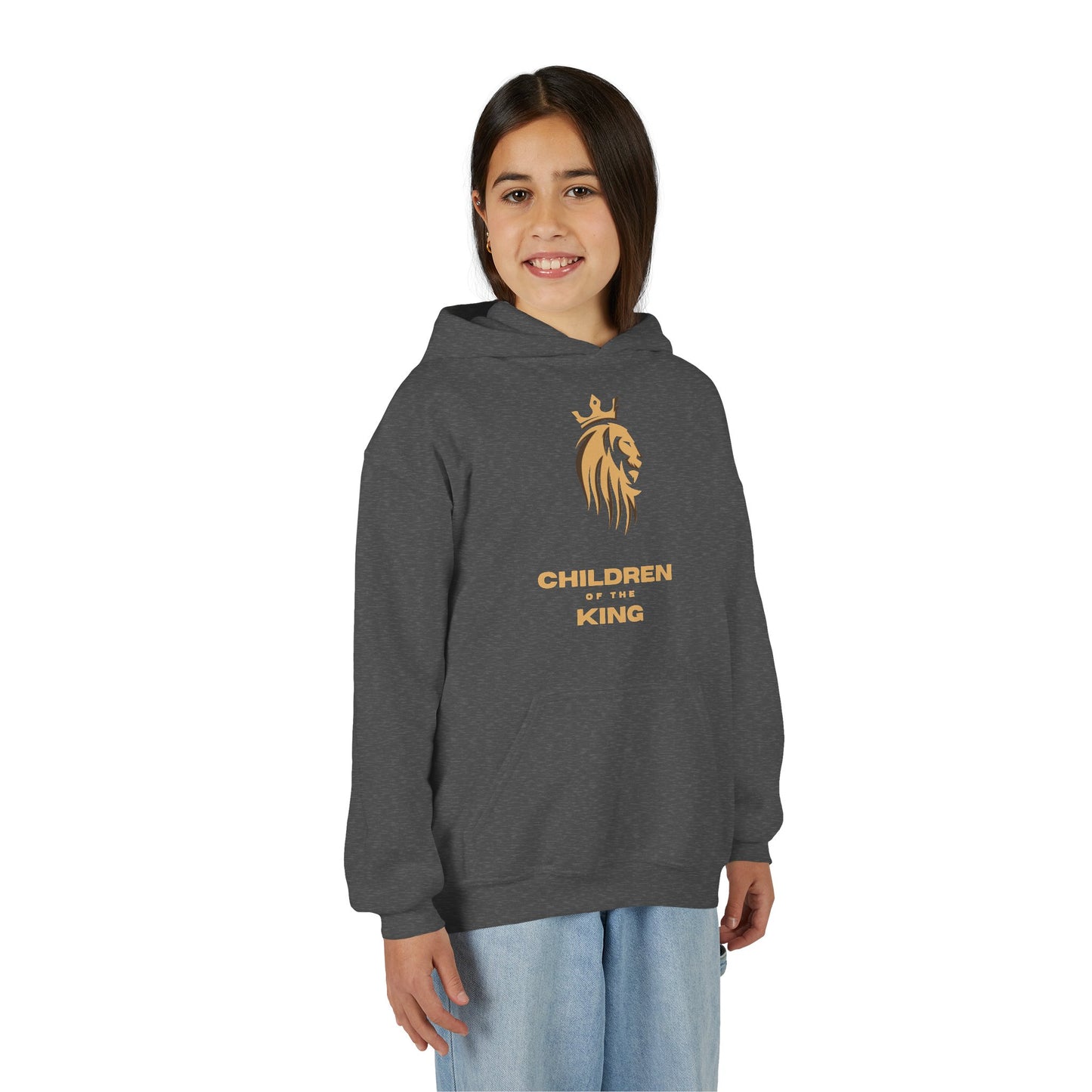 "Children of the King" Youth Hoodie — GOLD Lion Crown Design with Isaiah 54:13