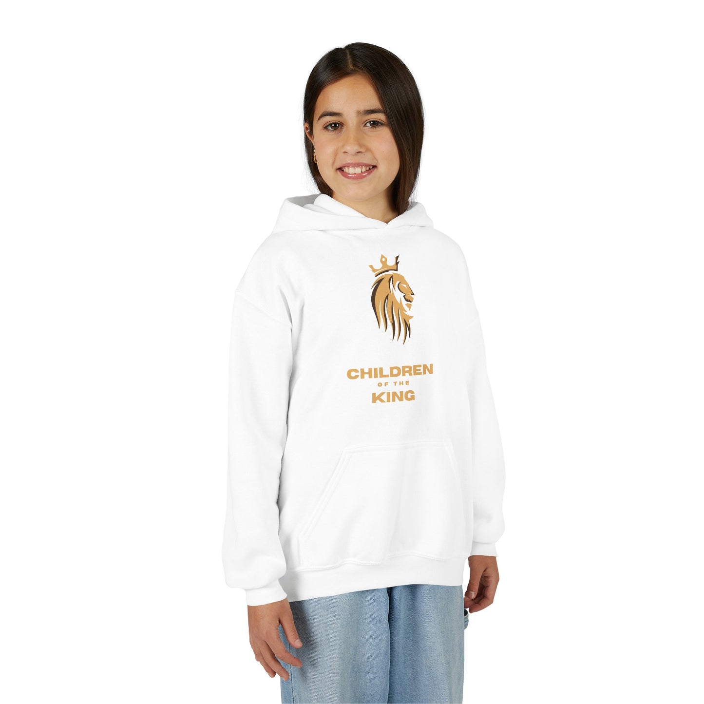 "Children of the King" Youth Hoodie — GOLD Lion Crown Design with Isaiah 54:13