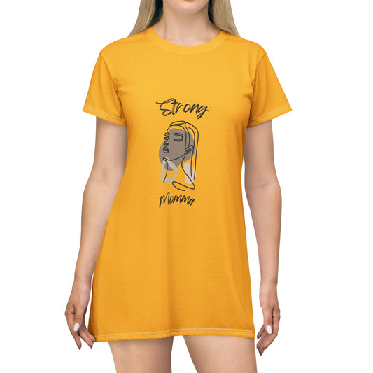 Strong Momma T-Shirt Dress (AOP/BL) Yellow