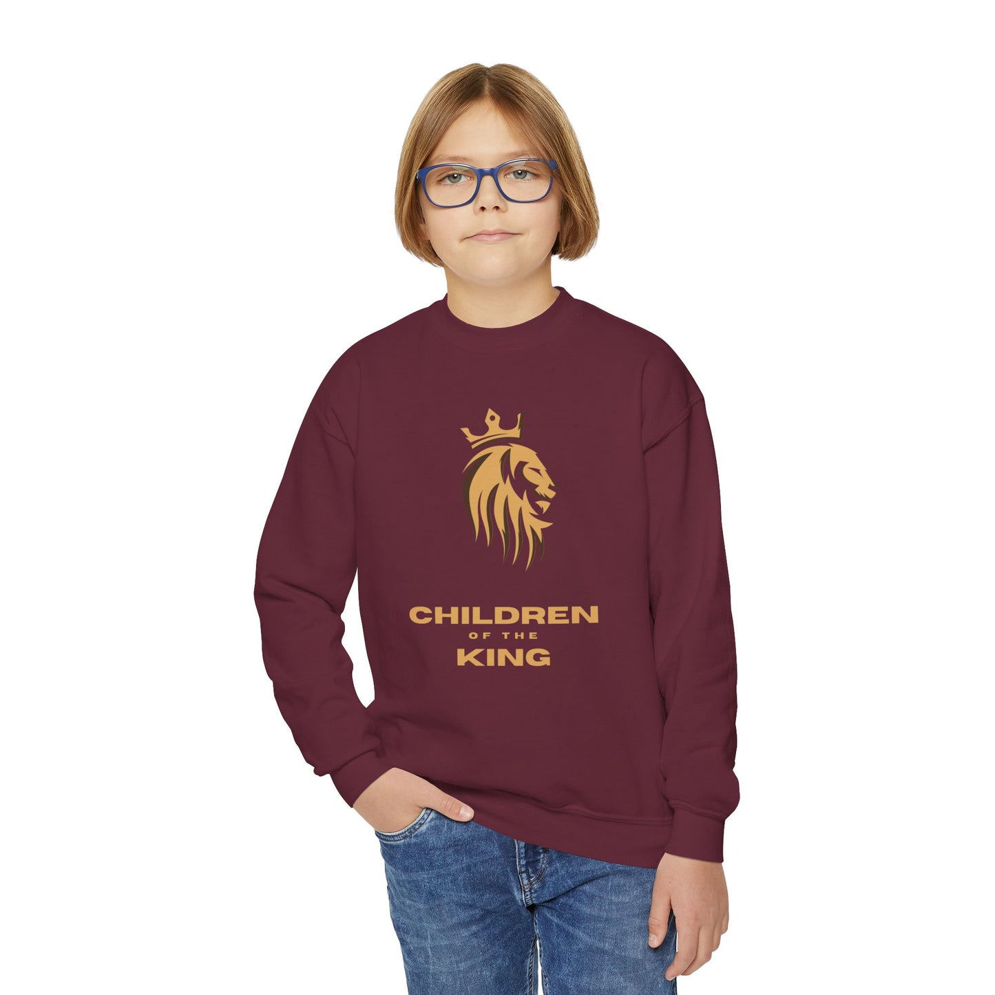 "Children of the King" Youth Sweatshirt GOLD Lion Crown Design with Psalm 127:3