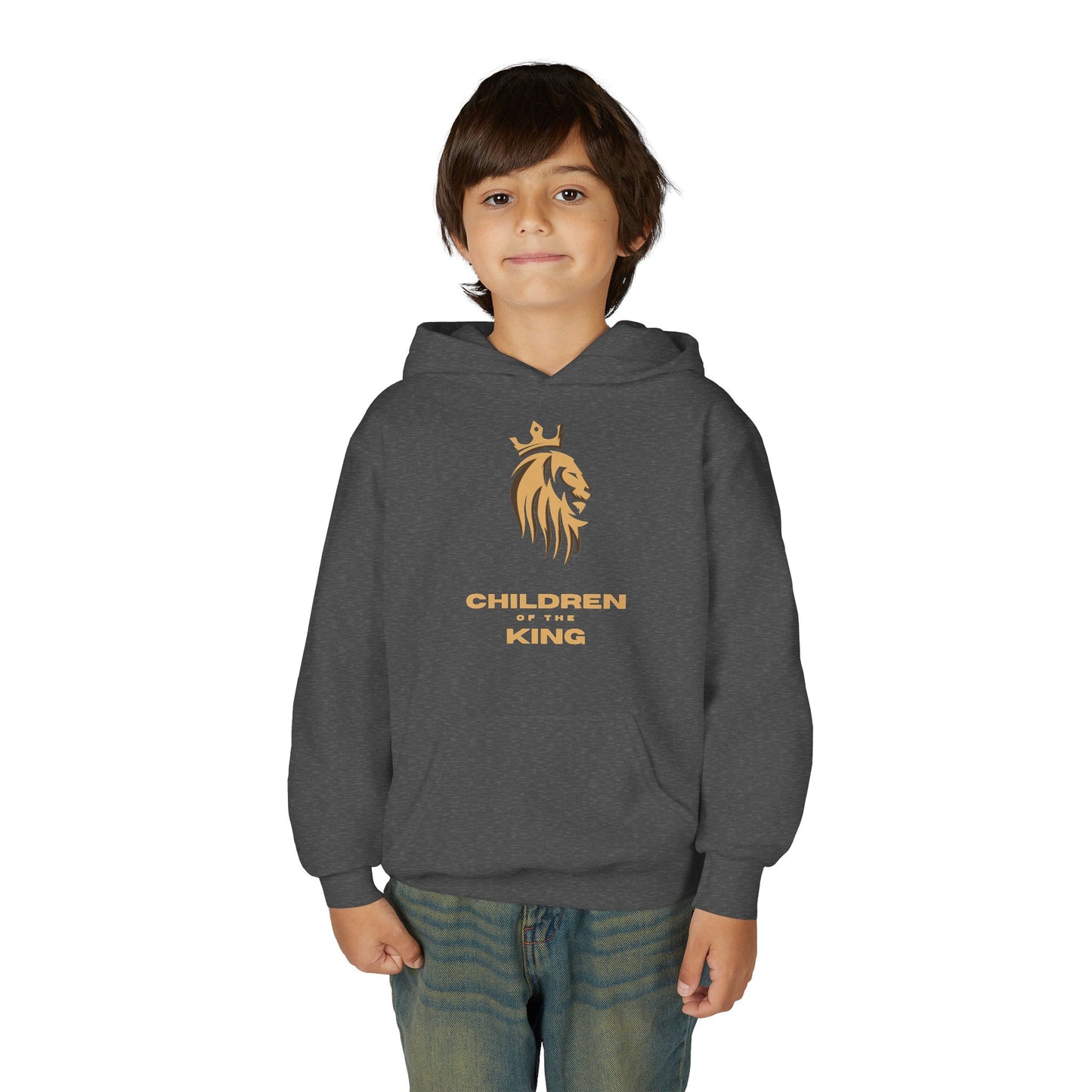 "Children of the King" Youth Hoodie — GOLD Lion Crown Design with Isaiah 54:13