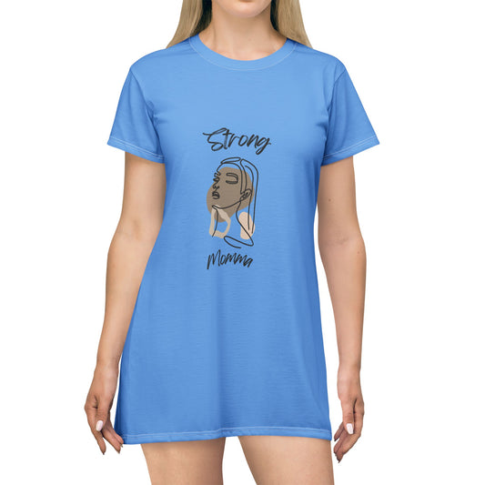 Strong Momma T-Shirt Dress (AOP/BL) Light Blue