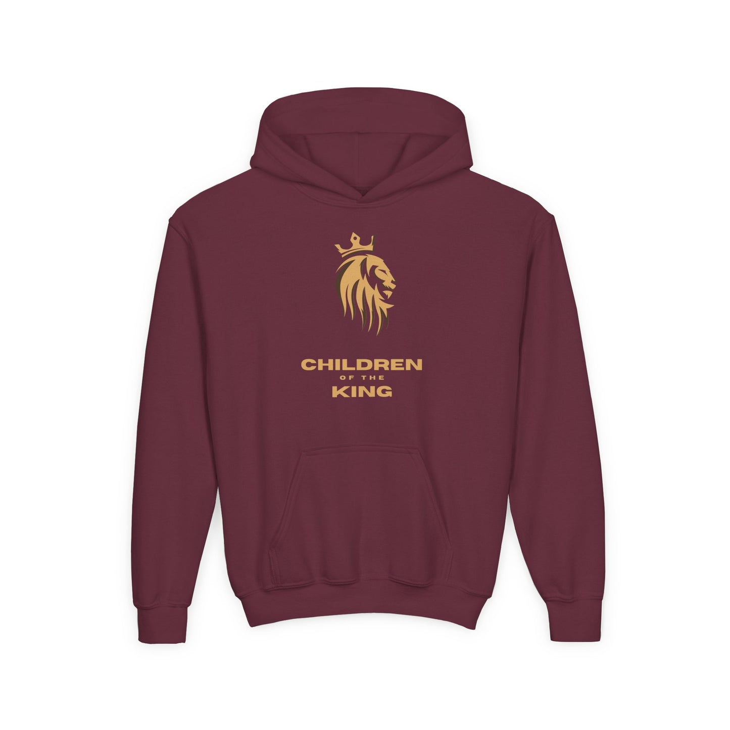 "Children of the King" Youth Hoodie — GOLD Lion Crown Design with Isaiah 54:13