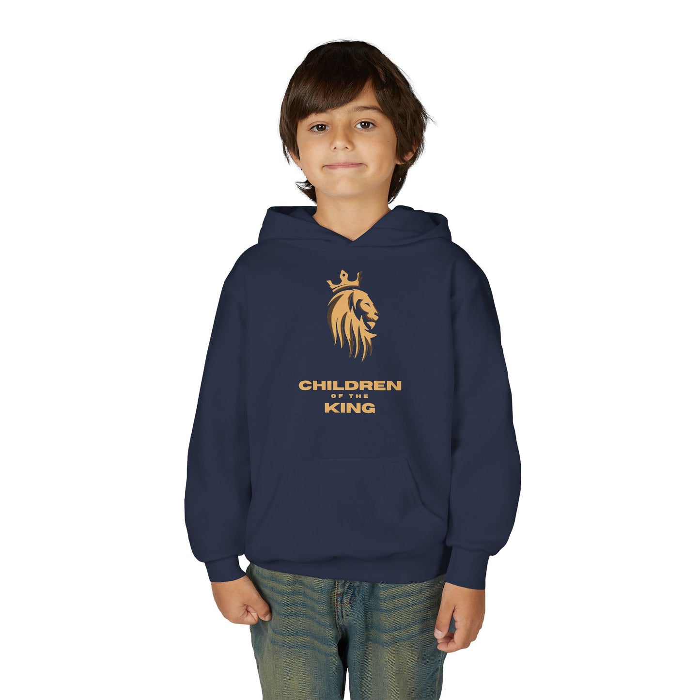 "Children of the King" Youth Hoodie — GOLD Lion Crown Design with Isaiah 54:13