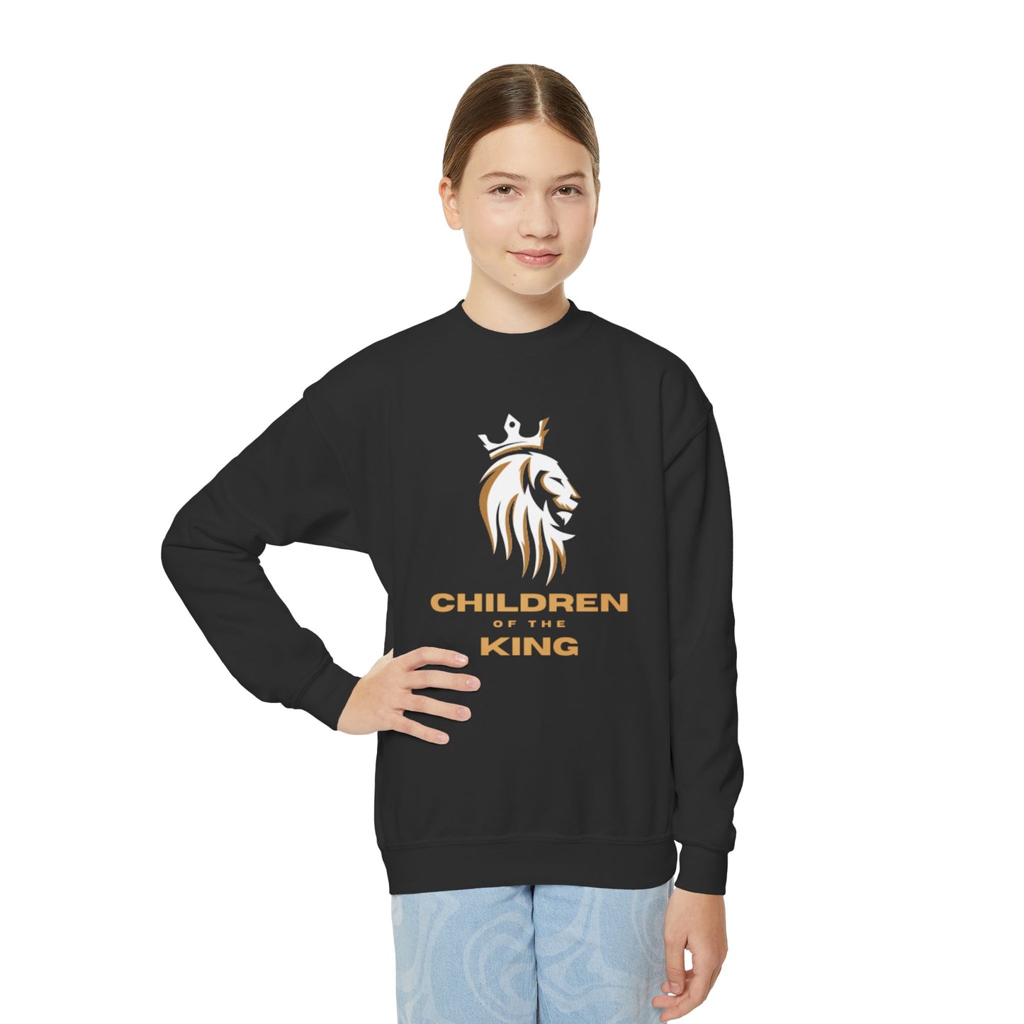 "Children of the King" Youth Crewneck Sweatshirt WHITE Lion Design with Psalm 127:3