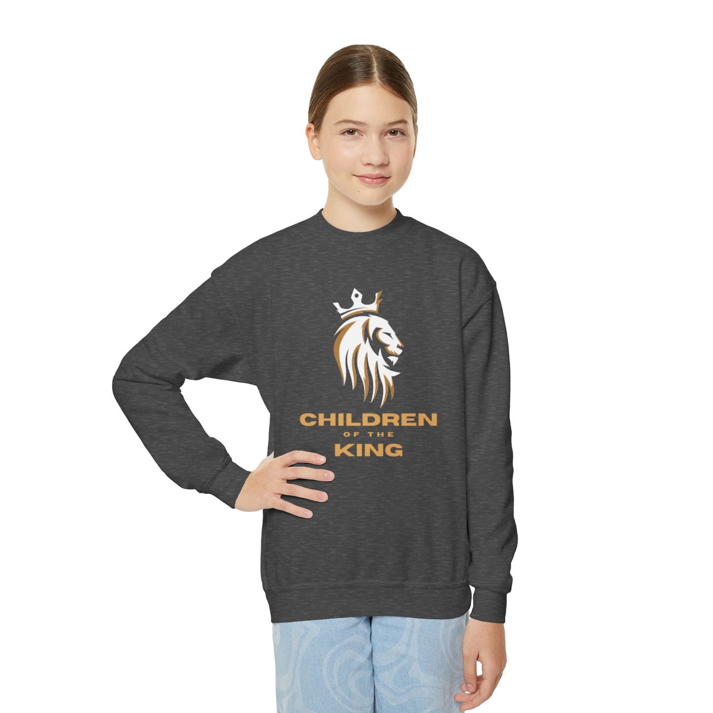 "Children of the King" Youth Crewneck Sweatshirt WHITE Lion Design with Psalm 127:3