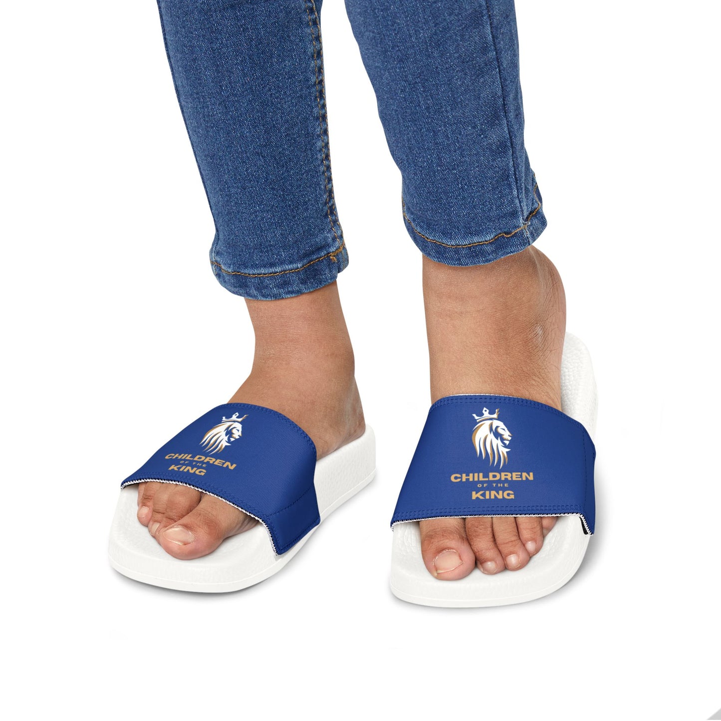 "Children of the King" WHITE Lion - DARK BLUE Youth Slide Sandals