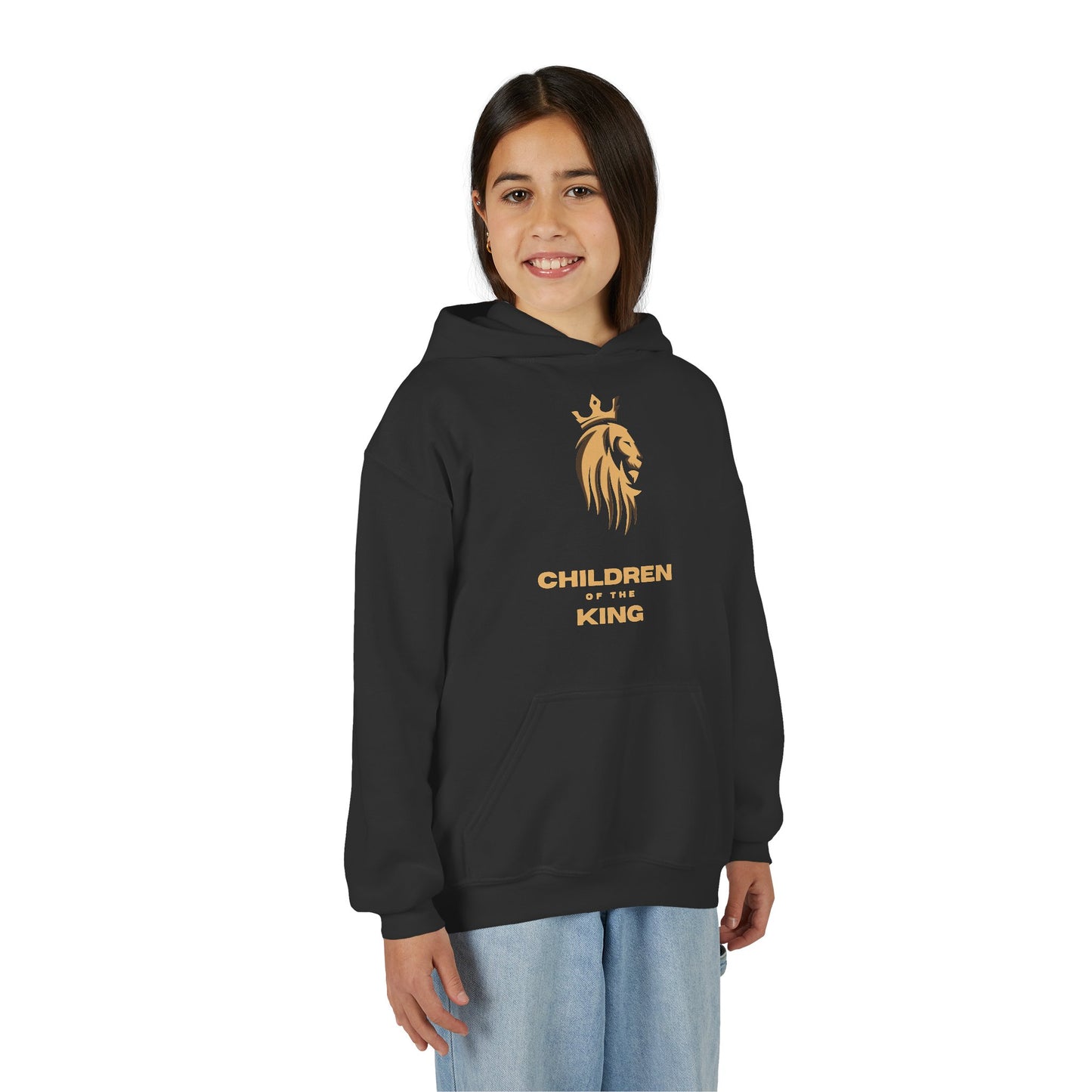 "Children of the King" Youth Hoodie — GOLD Lion Crown Design with Isaiah 54:13