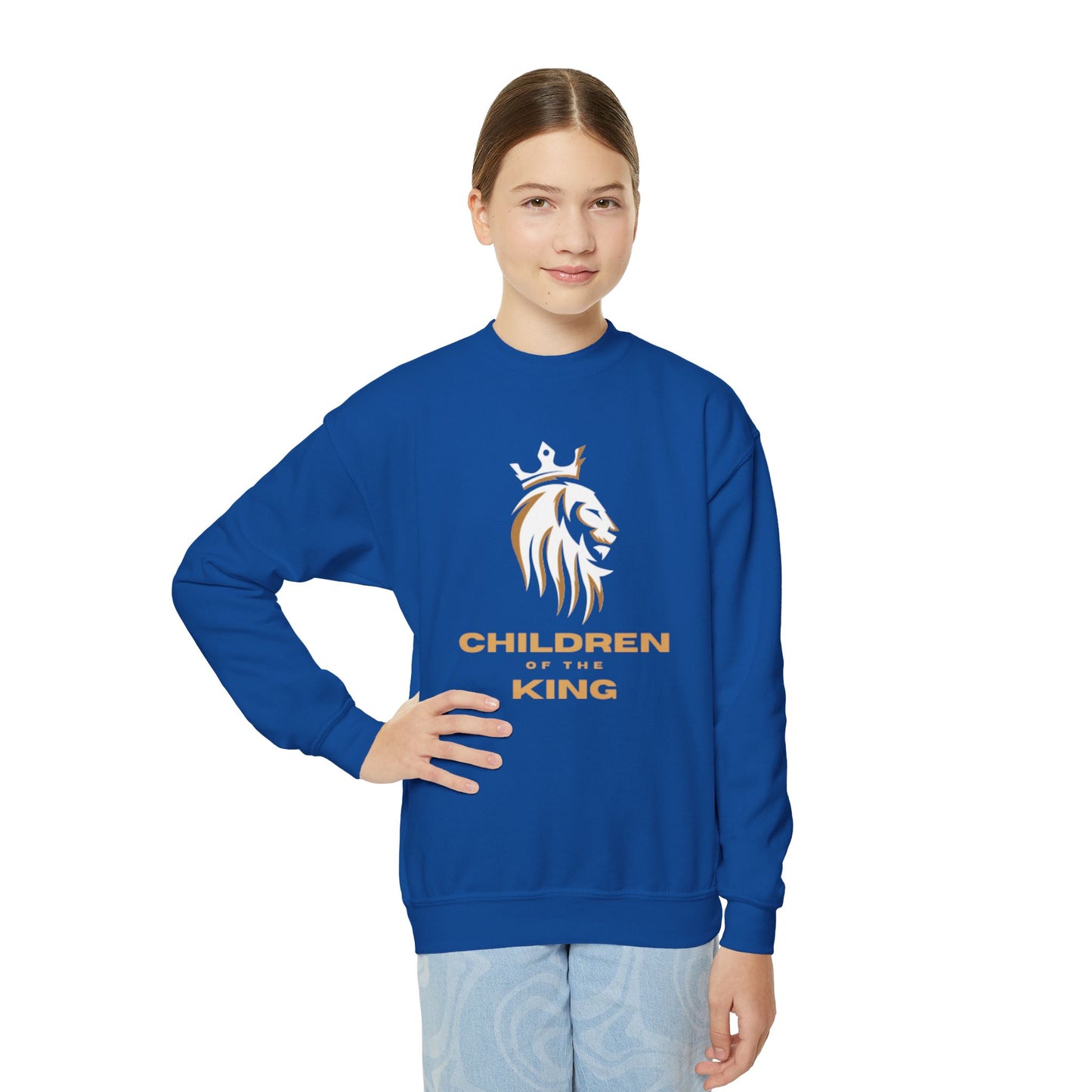 "Children of the King" Youth Crewneck Sweatshirt WHITE Lion Design with Psalm 127:3