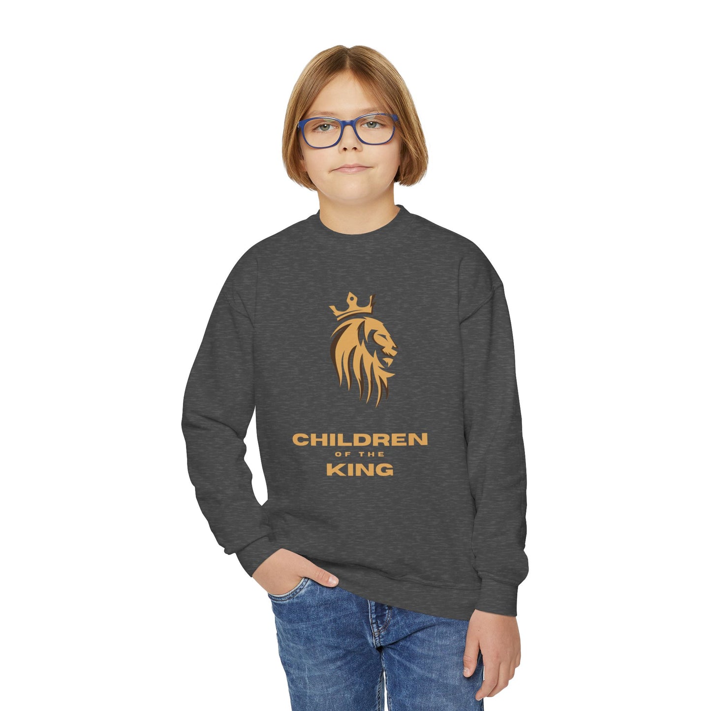 "Children of the King" Youth Sweatshirt GOLD Lion Crown Design with Psalm 127:3