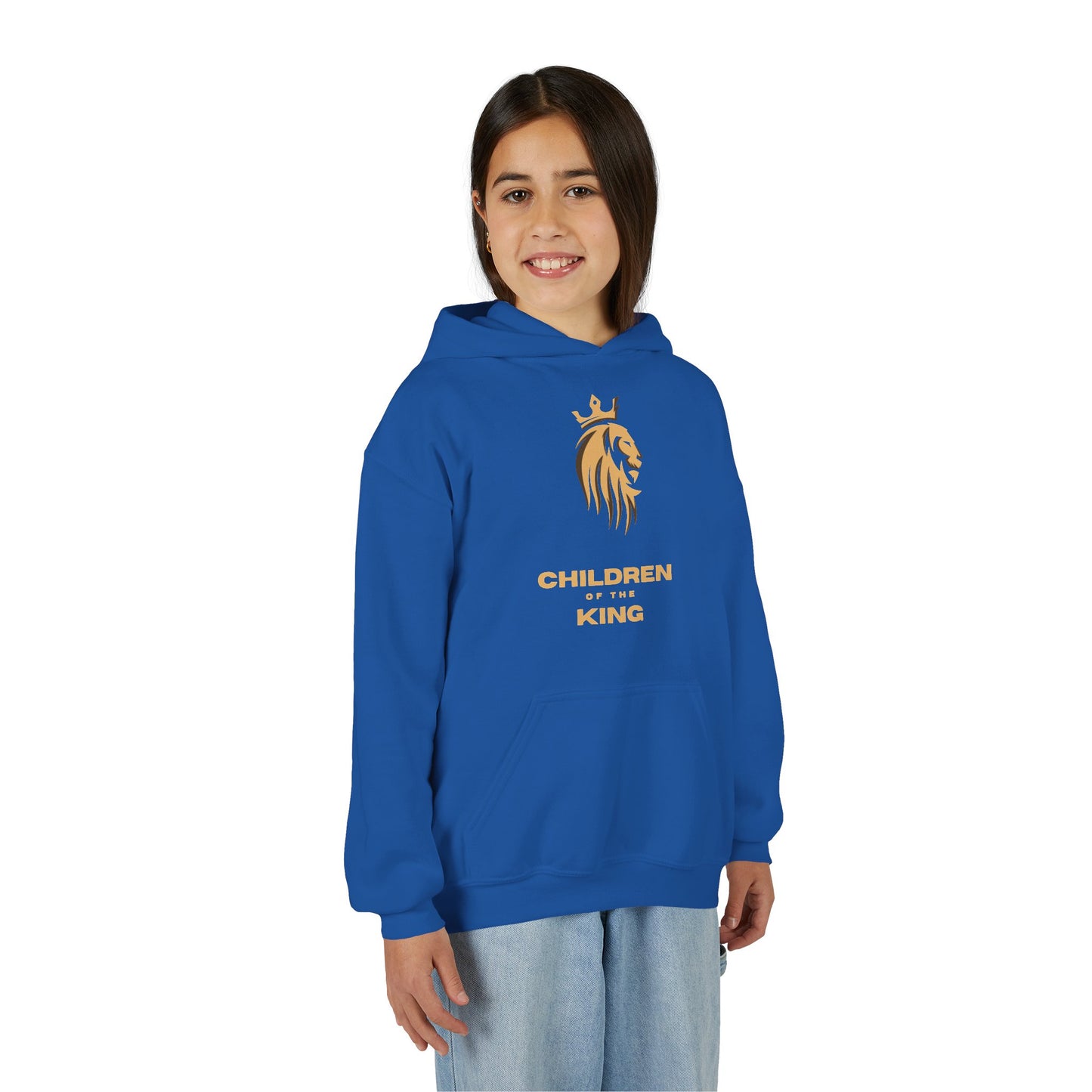 "Children of the King" Youth Hoodie — GOLD Lion Crown Design with Isaiah 54:13