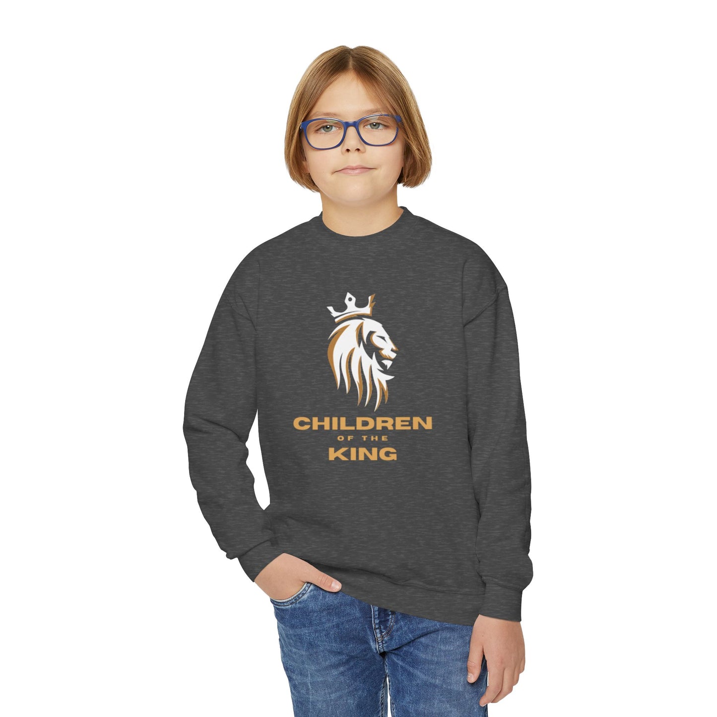 "Children of the King" Youth Crewneck Sweatshirt WHITE Lion Design with Psalm 127:3