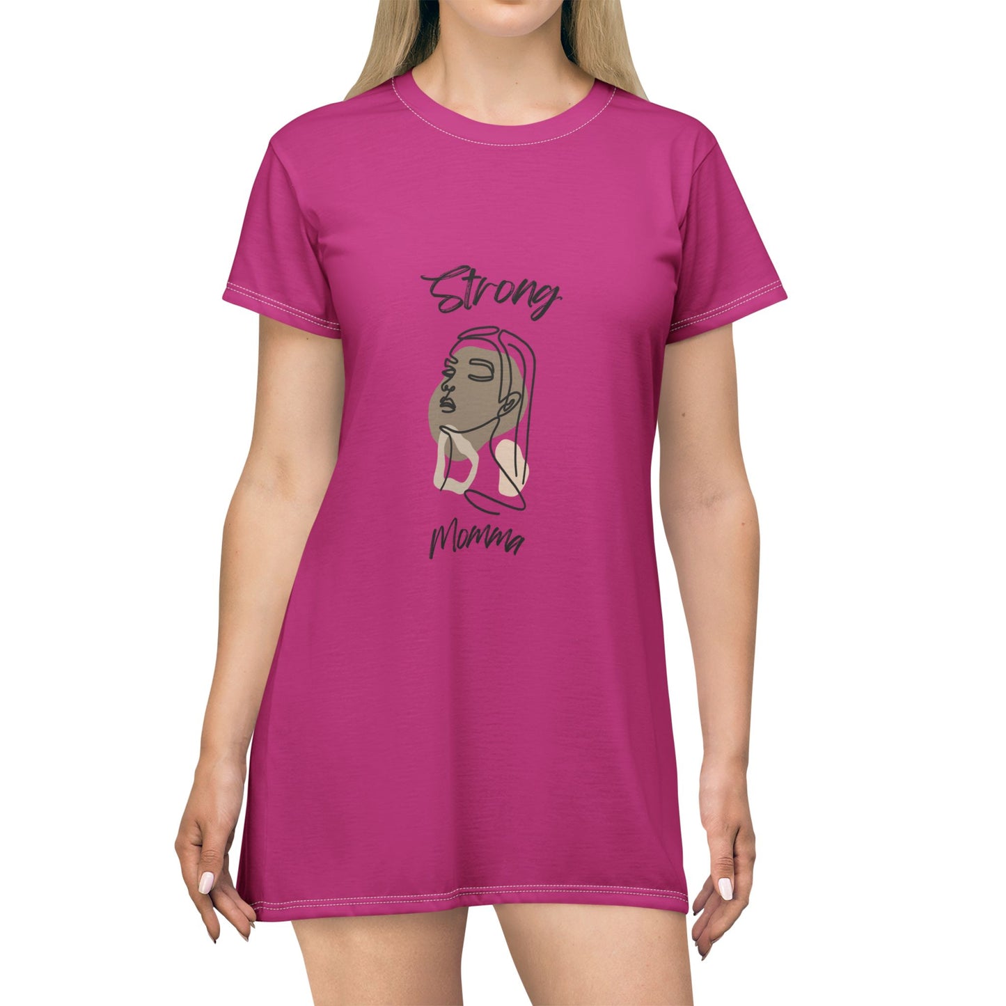 Strong Momma T-Shirt Dress (AOP/BL) Pink