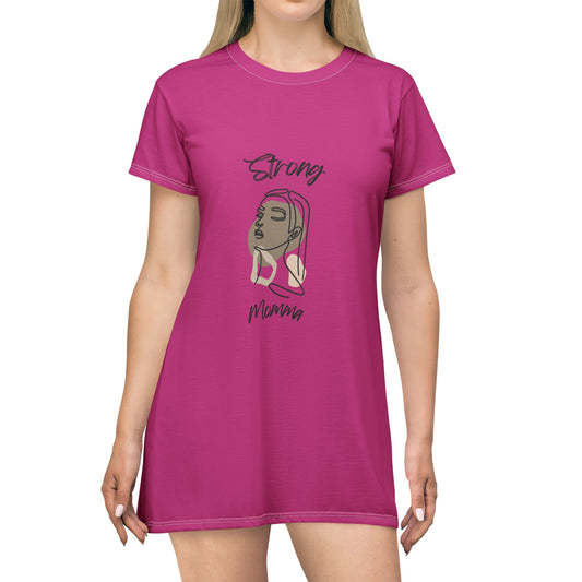 Strong Momma T-Shirt Dress (AOP/BL) Pink