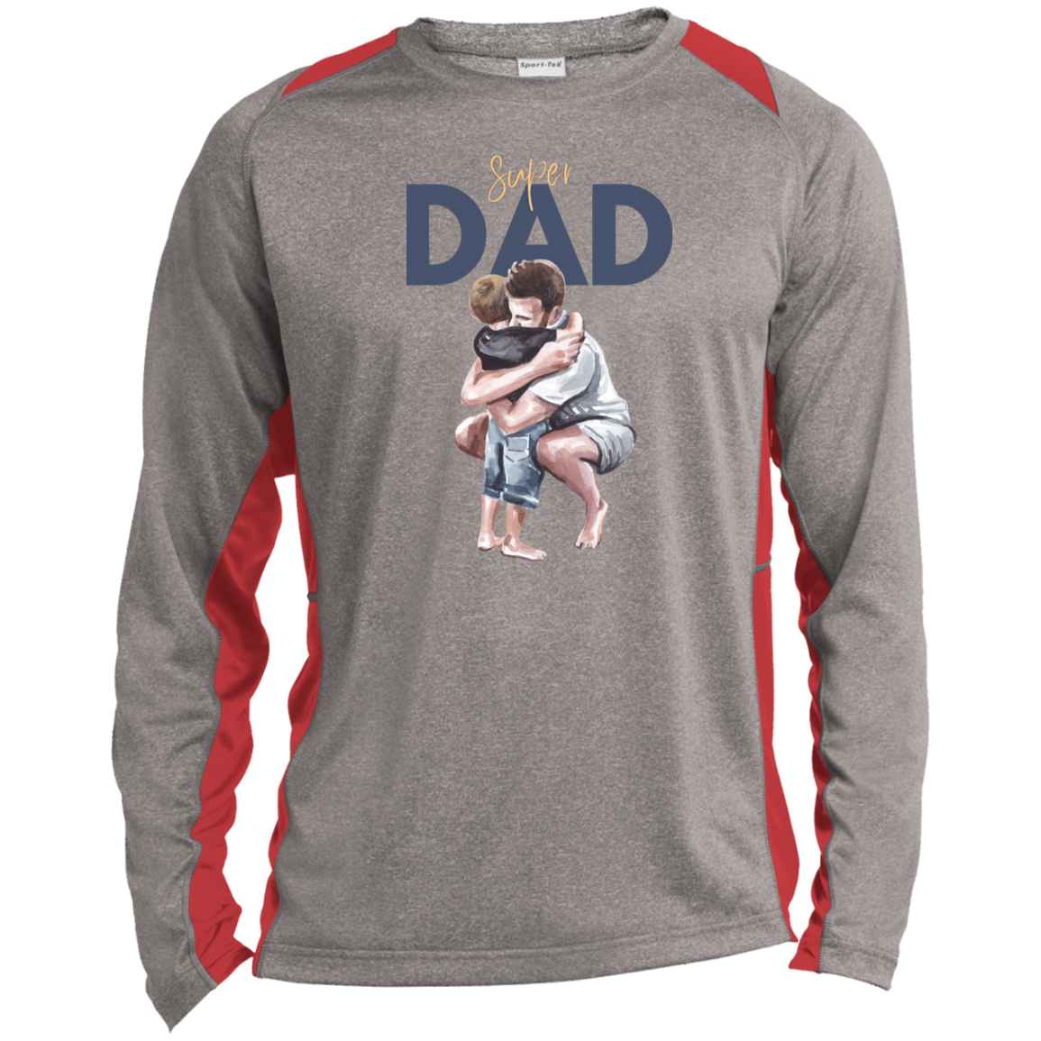 Super Dad Hugging Long Sleeve Heather Color Block Performance Tee