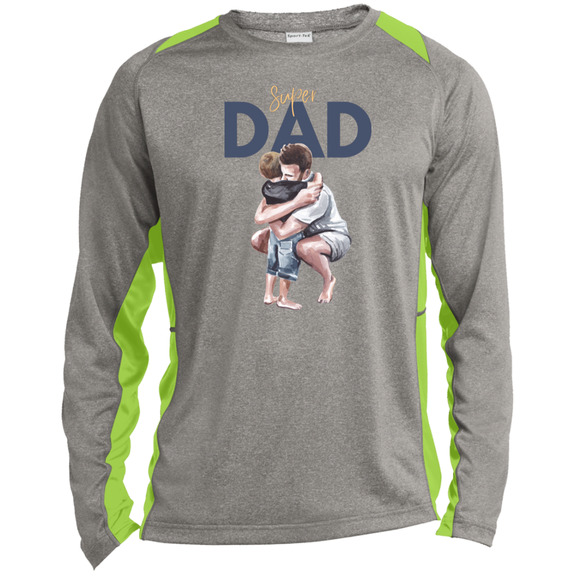 Super Dad Hugging Long Sleeve Heather Color Block Performance Tee